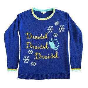 XHILARATION Hanukkah Holiday Dreidel Snowflake Sweater Blue Medium